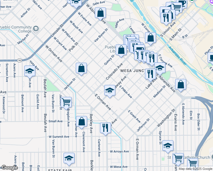 map of restaurants, bars, coffee shops, grocery stores, and more near 410 Colorado Avenue in Pueblo