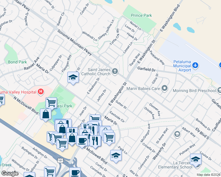map of restaurants, bars, coffee shops, grocery stores, and more near 116 Wyndham Way in Petaluma