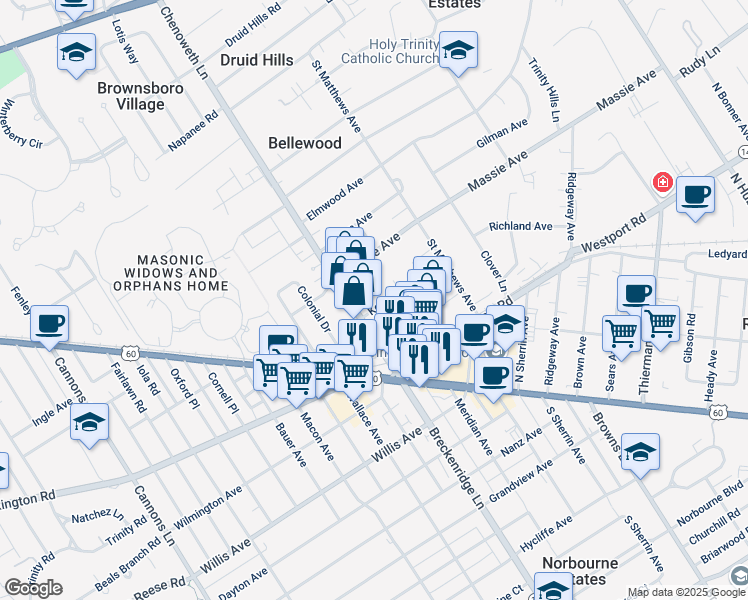 map of restaurants, bars, coffee shops, grocery stores, and more near 3917 Kennison Avenue in Louisville
