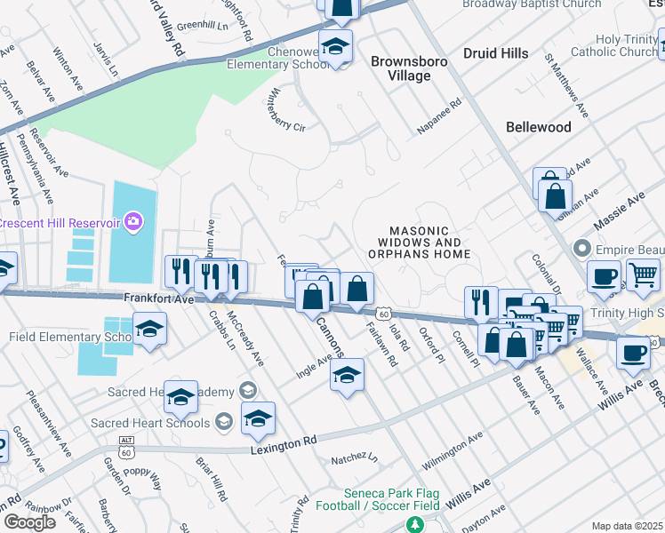 map of restaurants, bars, coffee shops, grocery stores, and more near 8 Seminary Village Road in Louisville
