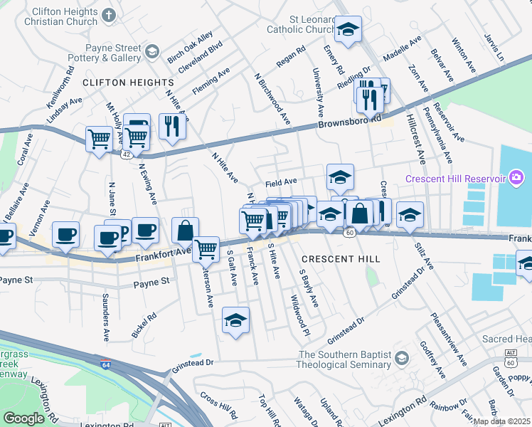 map of restaurants, bars, coffee shops, grocery stores, and more near 2719 Victor Place in Louisville