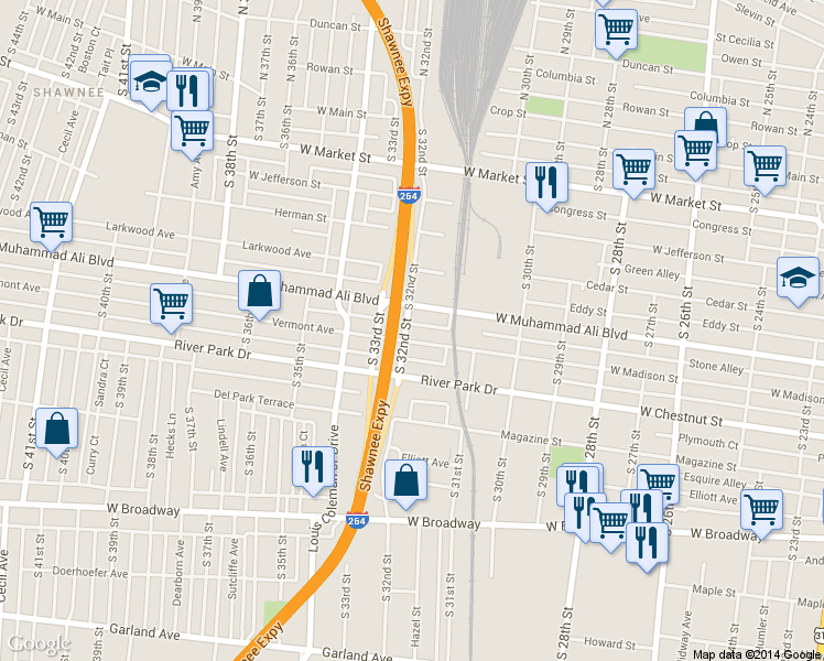 map of restaurants, bars, coffee shops, grocery stores, and more near 3132 West Muhammad Ali Boulevard in Louisville