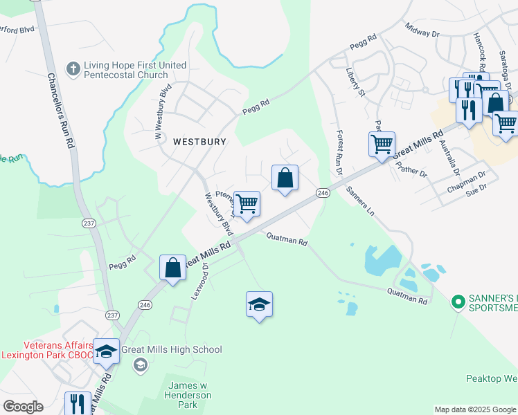 map of restaurants, bars, coffee shops, grocery stores, and more near 46123 Lucca Way in Lexington Park