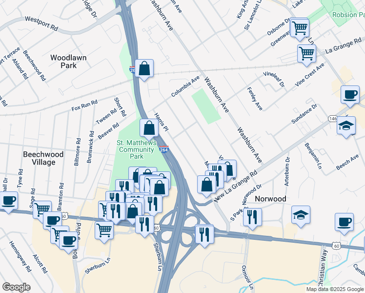 map of restaurants, bars, coffee shops, grocery stores, and more near 524 Marquette Drive in Louisville