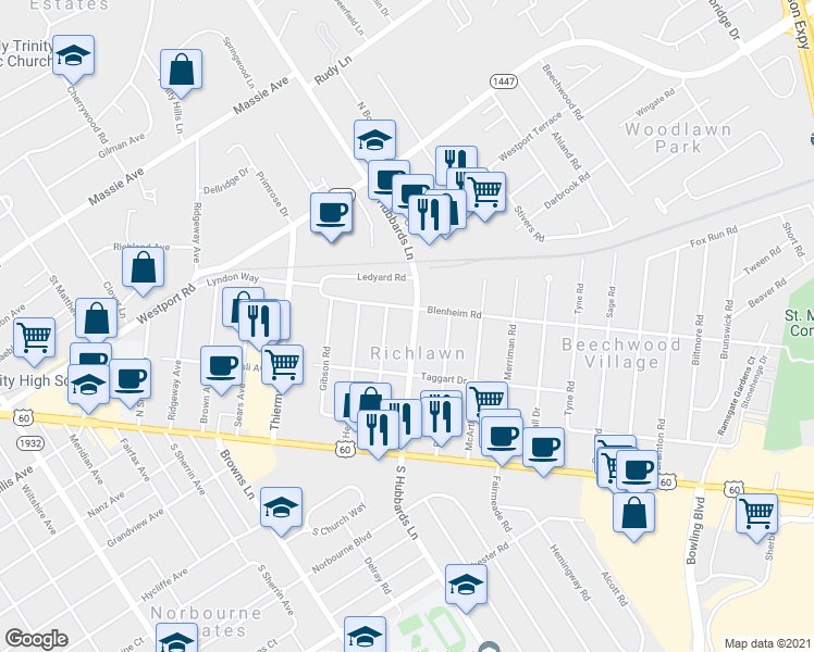 map of restaurants, bars, coffee shops, grocery stores, and more near 218 North Hubbards Lane in Louisville
