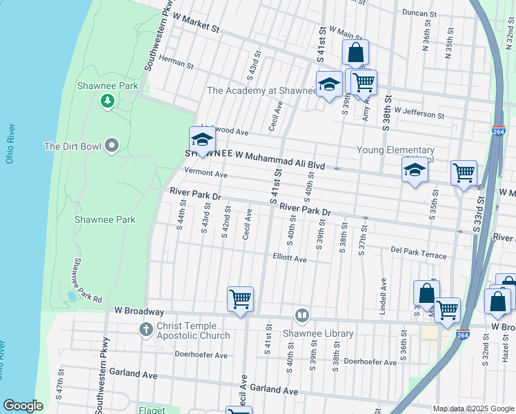 map of restaurants, bars, coffee shops, grocery stores, and more near 4112 River Park Drive in Louisville