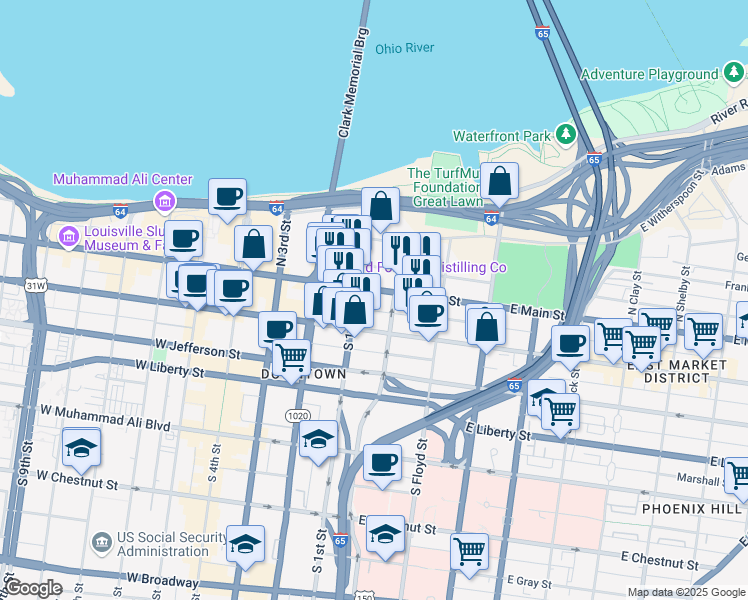 map of restaurants, bars, coffee shops, grocery stores, and more near 101 East Main Street in Louisville