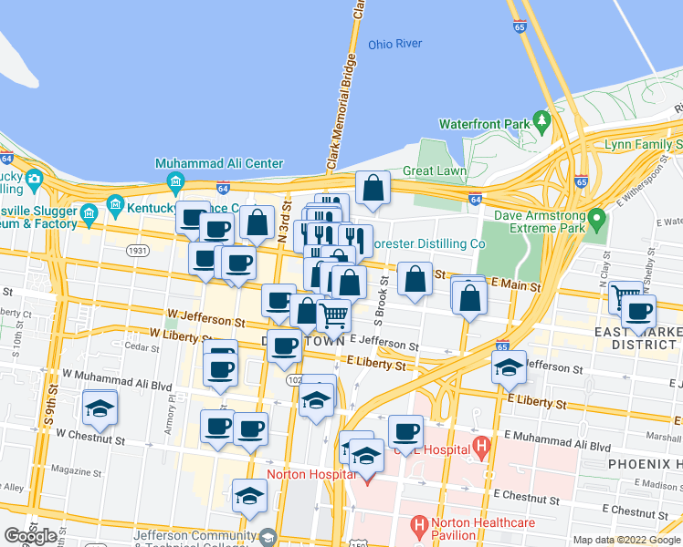 map of restaurants, bars, coffee shops, grocery stores, and more near 102 West Main Street in Louisville