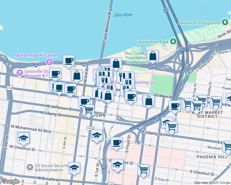 map of restaurants, bars, coffee shops, grocery stores, and more near 101 East Main Street in Louisville