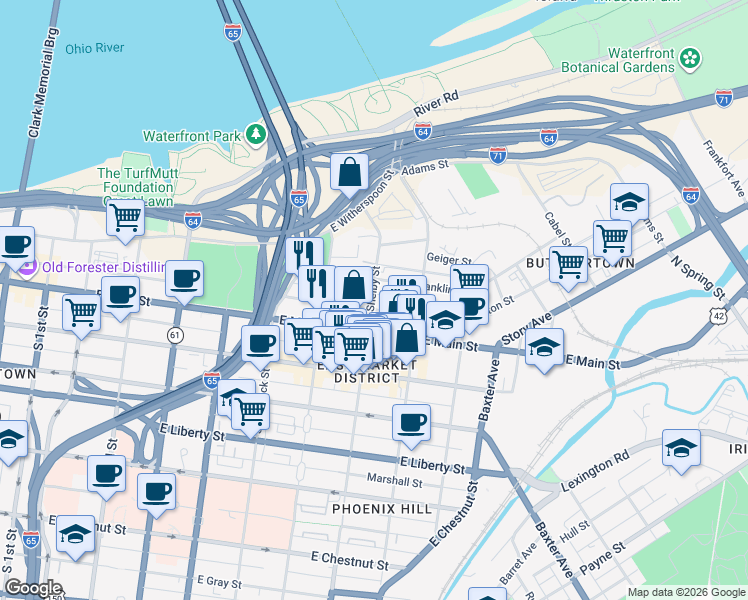 map of restaurants, bars, coffee shops, grocery stores, and more near 812 Branden Klayko Alley in Louisville