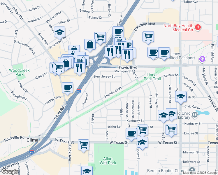 map of restaurants, bars, coffee shops, grocery stores, and more near 1118 Wallace Street in Fairfield