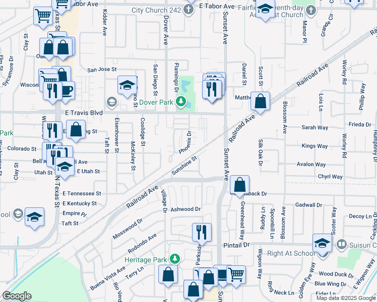 map of restaurants, bars, coffee shops, grocery stores, and more near 1439 Phoenix Drive in Fairfield