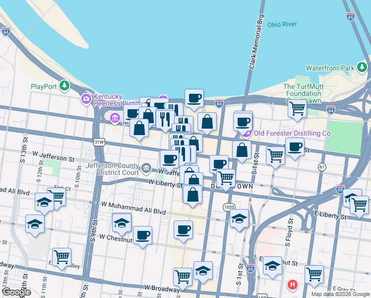 map of restaurants, bars, coffee shops, grocery stores, and more near 425 West Market Street in Louisville