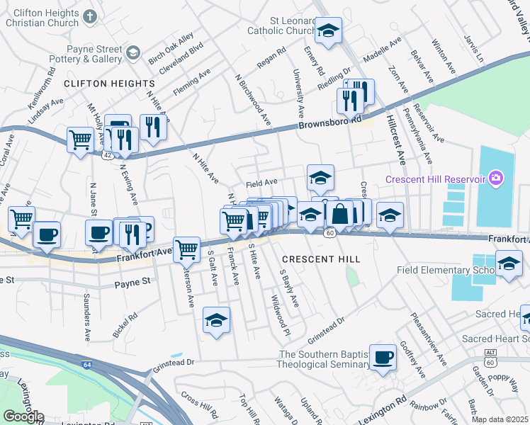 map of restaurants, bars, coffee shops, grocery stores, and more near 122 Macmore Place in Louisville