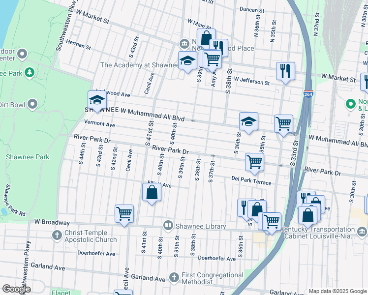 map of restaurants, bars, coffee shops, grocery stores, and more near 3903 River Park Drive in Louisville