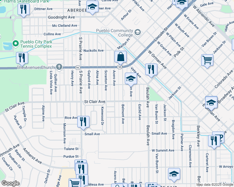 map of restaurants, bars, coffee shops, grocery stores, and more near 613 Belmont Avenue in Pueblo