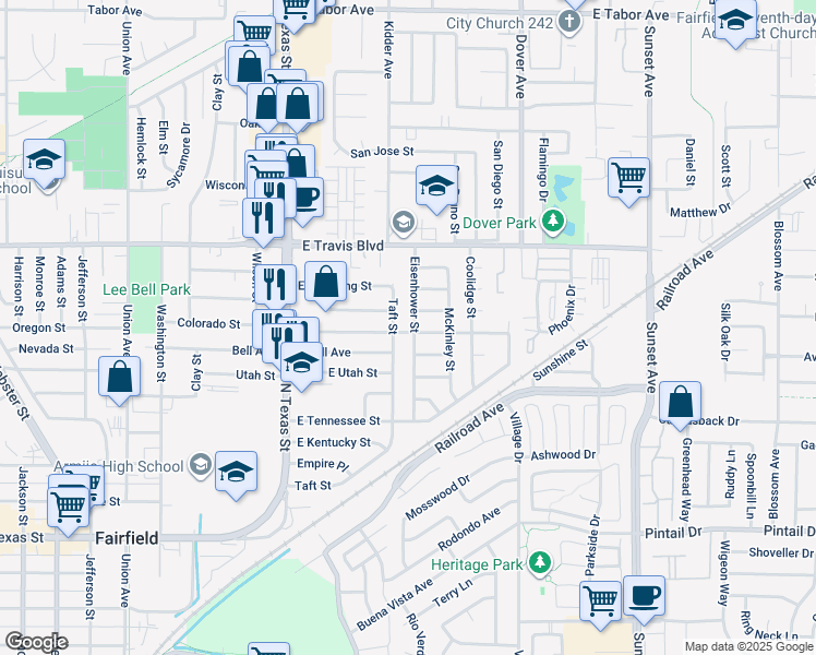 map of restaurants, bars, coffee shops, grocery stores, and more near 1313 Eisenhower Street in Fairfield