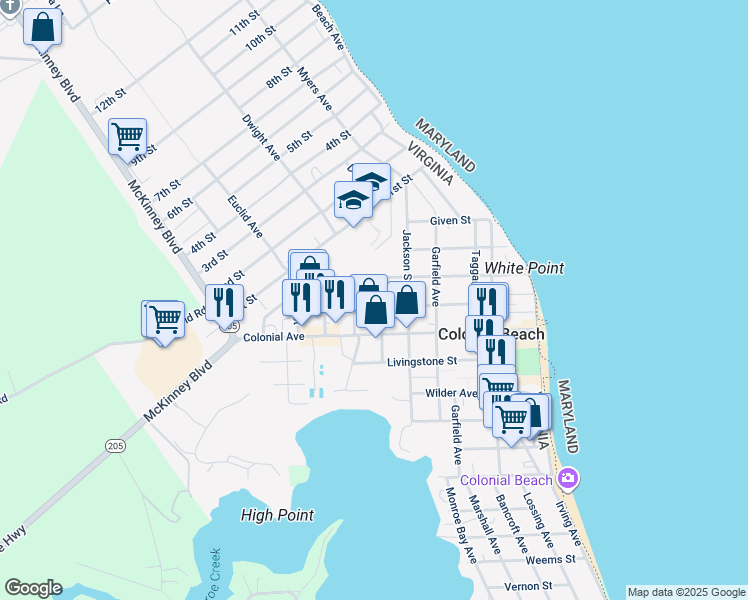 map of restaurants, bars, coffee shops, grocery stores, and more near 507 Franklin Street in Colonial Beach