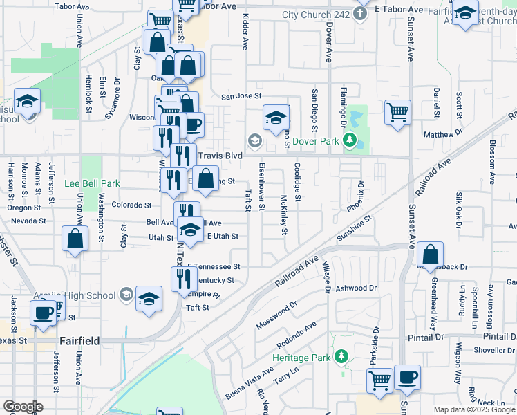 map of restaurants, bars, coffee shops, grocery stores, and more near 1313 Eisenhower Street in Fairfield