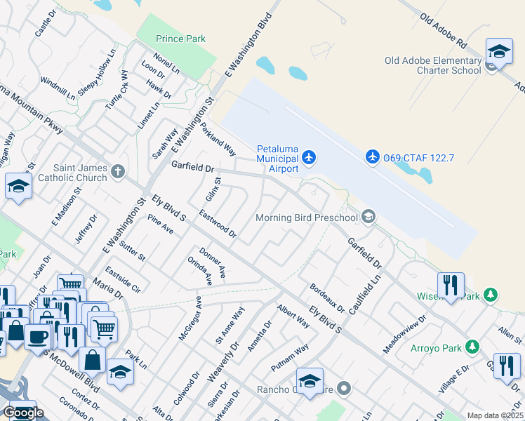 map of restaurants, bars, coffee shops, grocery stores, and more near 2049 Vista Lane in Petaluma