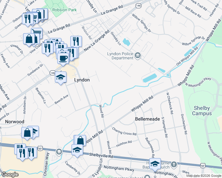 map of restaurants, bars, coffee shops, grocery stores, and more near 301 Myrtle Avenue in Lyndon