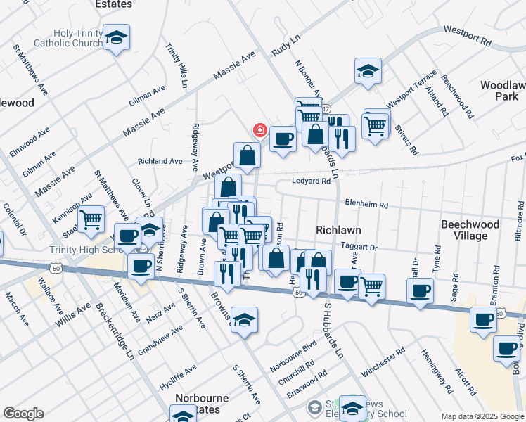 map of restaurants, bars, coffee shops, grocery stores, and more near 165 Thierman Lane in Saint Matthews