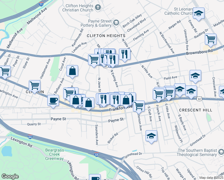 map of restaurants, bars, coffee shops, grocery stores, and more near 158 North Ewing Avenue in Louisville
