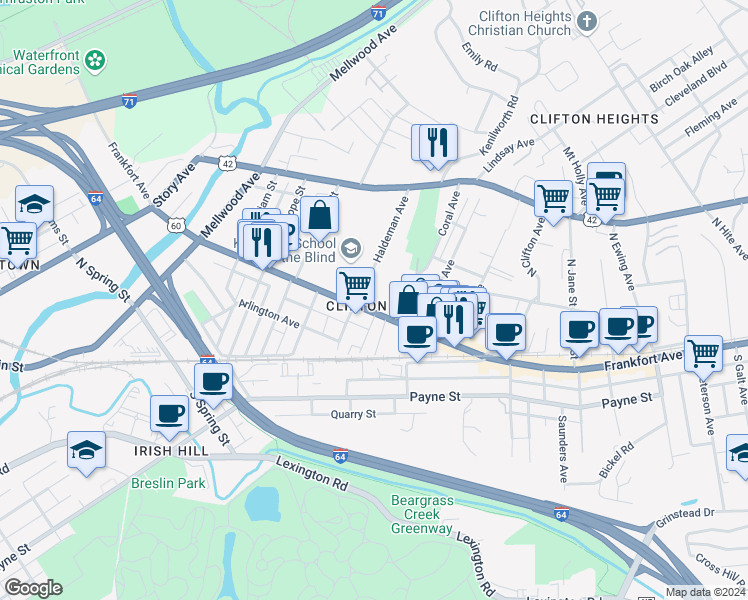 map of restaurants, bars, coffee shops, grocery stores, and more near 1927 Frankfort Avenue in Louisville