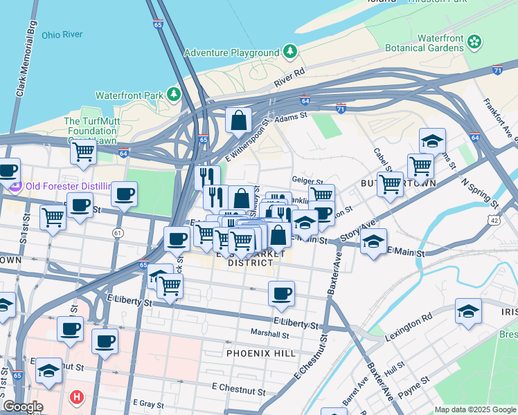 map of restaurants, bars, coffee shops, grocery stores, and more near 812 Branden Klayko Alley in Louisville