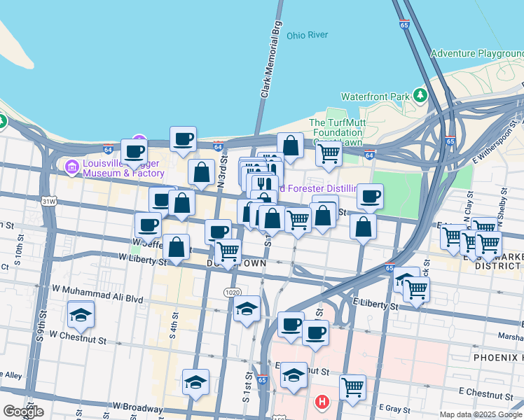 map of restaurants, bars, coffee shops, grocery stores, and more near in Louisville