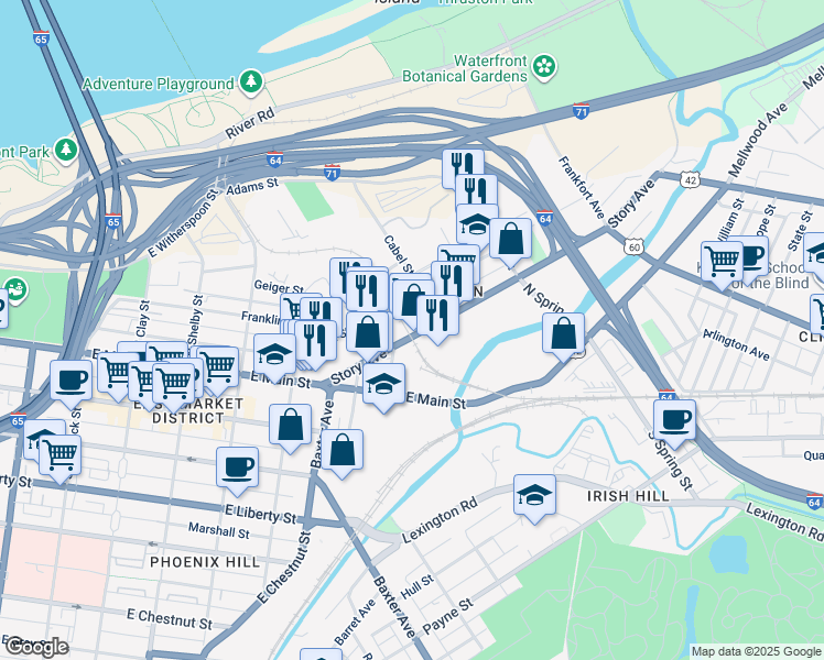 map of restaurants, bars, coffee shops, grocery stores, and more near 1201 Story Avenue in Louisville