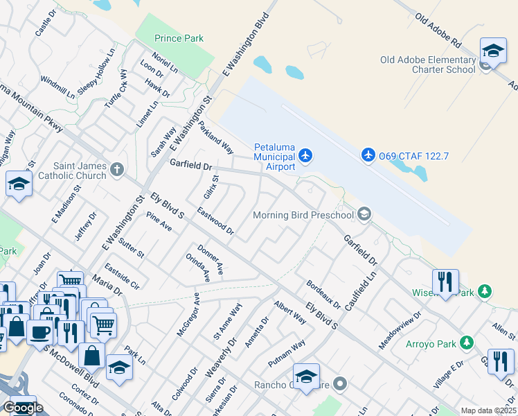 map of restaurants, bars, coffee shops, grocery stores, and more near 2049 Vista Lane in Petaluma