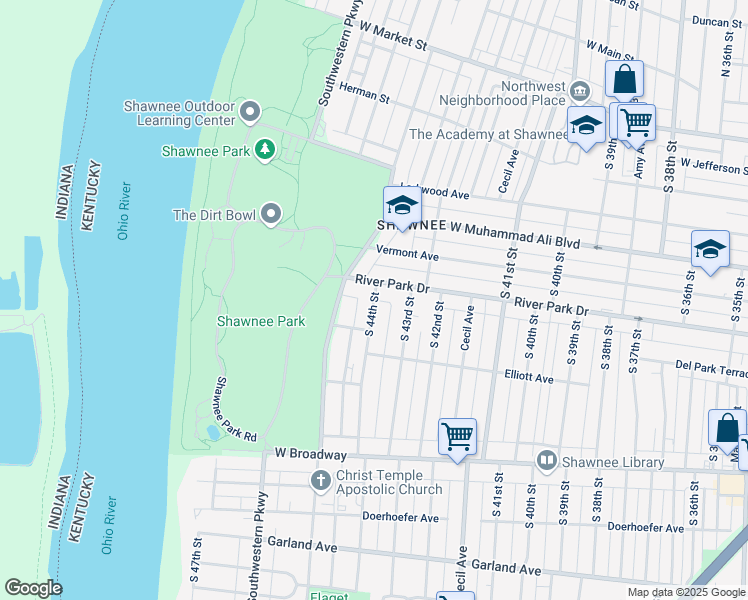 map of restaurants, bars, coffee shops, grocery stores, and more near South 44th Street in Louisville