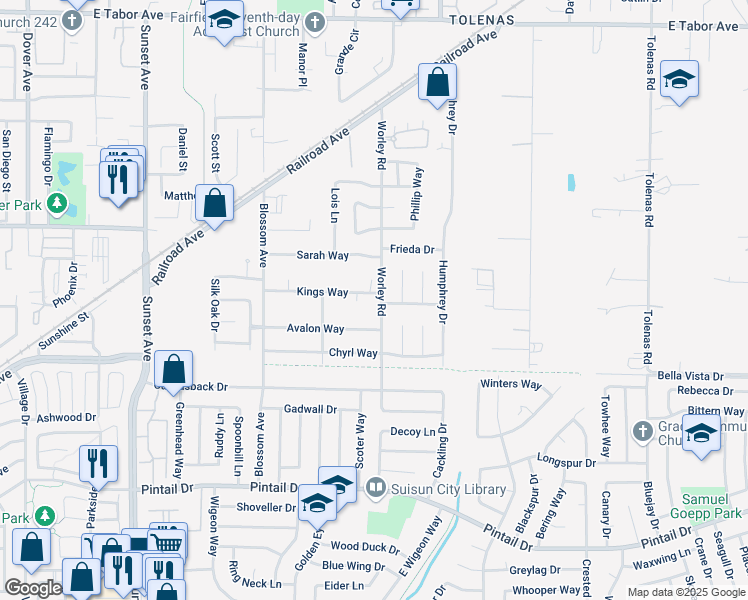 map of restaurants, bars, coffee shops, grocery stores, and more near 509 Kings Way in Suisun City