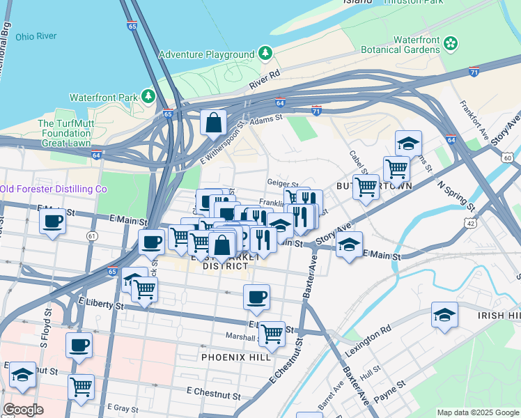 map of restaurants, bars, coffee shops, grocery stores, and more near 130 North Campbell Street in Louisville