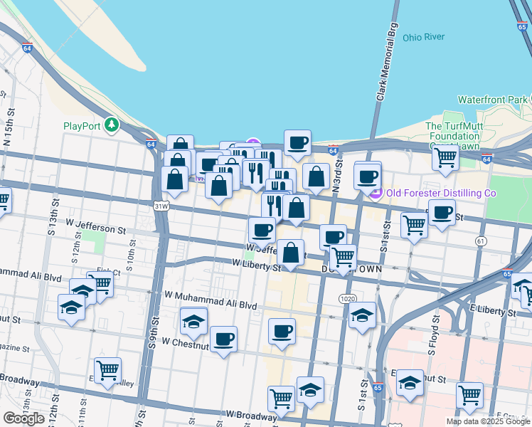 map of restaurants, bars, coffee shops, grocery stores, and more near 515 West Market Street in Louisville