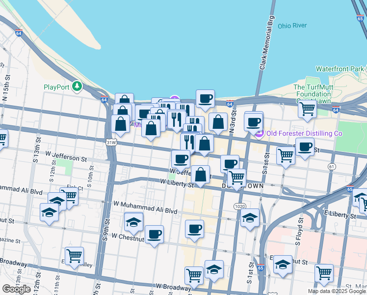 map of restaurants, bars, coffee shops, grocery stores, and more near 515 West Market Street in Louisville