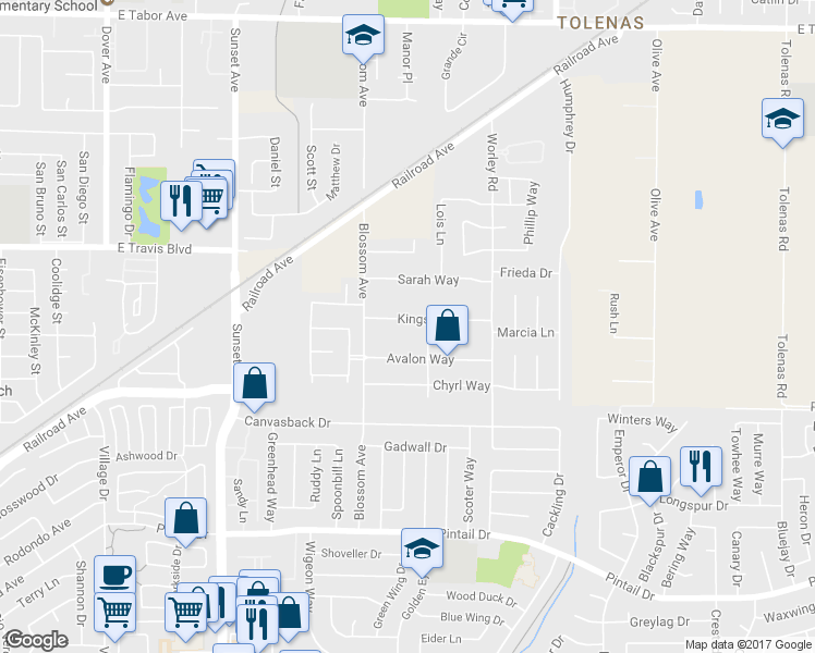 map of restaurants, bars, coffee shops, grocery stores, and more near 407 Kings Way in Suisun City