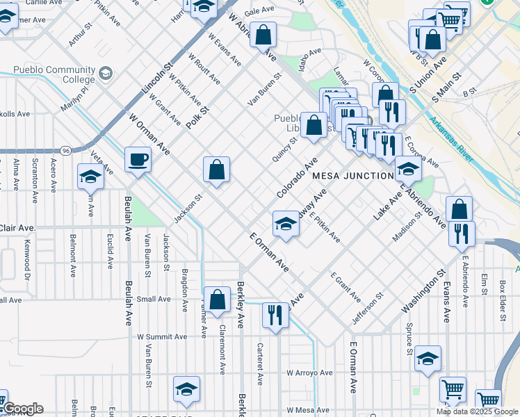 map of restaurants, bars, coffee shops, grocery stores, and more near 501 Colorado Avenue in Pueblo