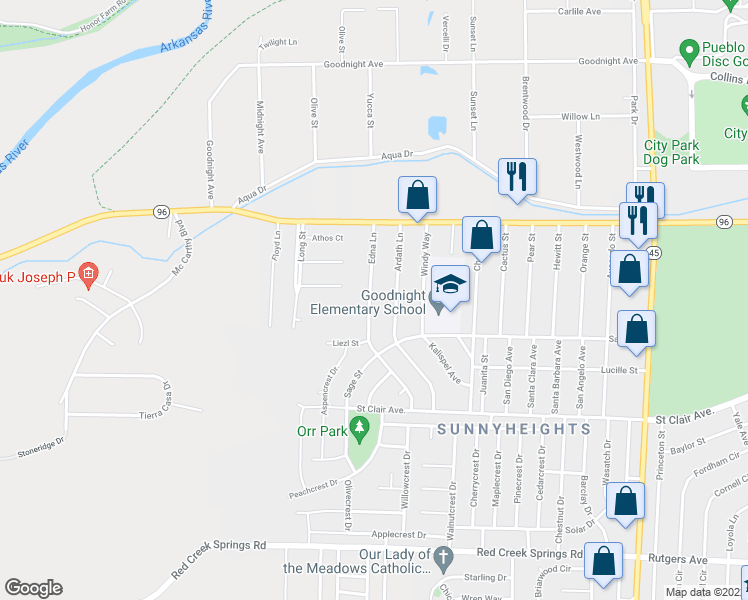 map of restaurants, bars, coffee shops, grocery stores, and more near 620 Edna Lane in Pueblo