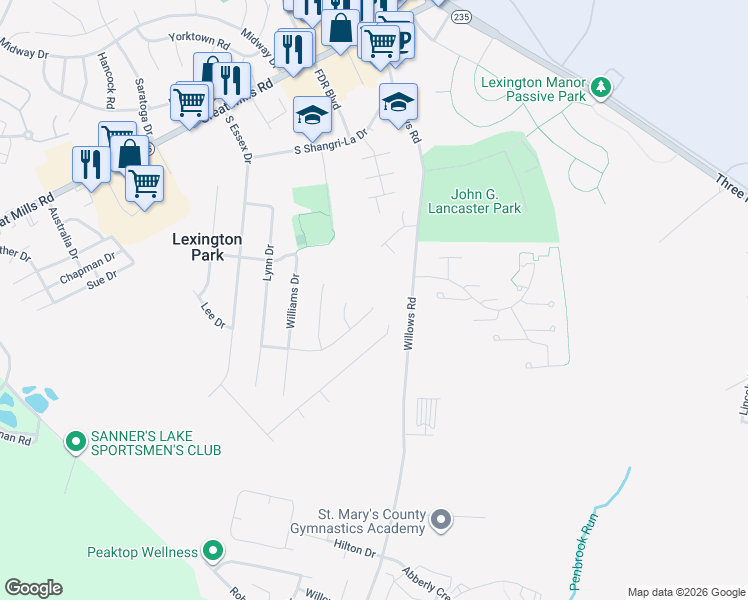 map of restaurants, bars, coffee shops, grocery stores, and more near 46894 Bryan Road in Lexington Park