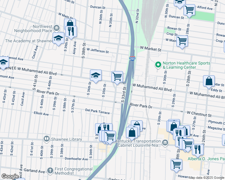 map of restaurants, bars, coffee shops, grocery stores, and more near 3405 Vermont Avenue in Louisville