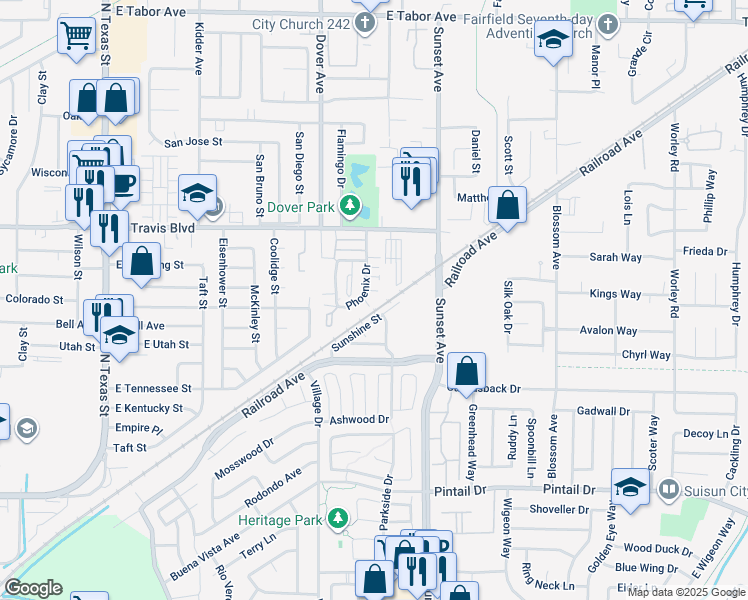 map of restaurants, bars, coffee shops, grocery stores, and more near 837 East Travis Boulevard in Fairfield