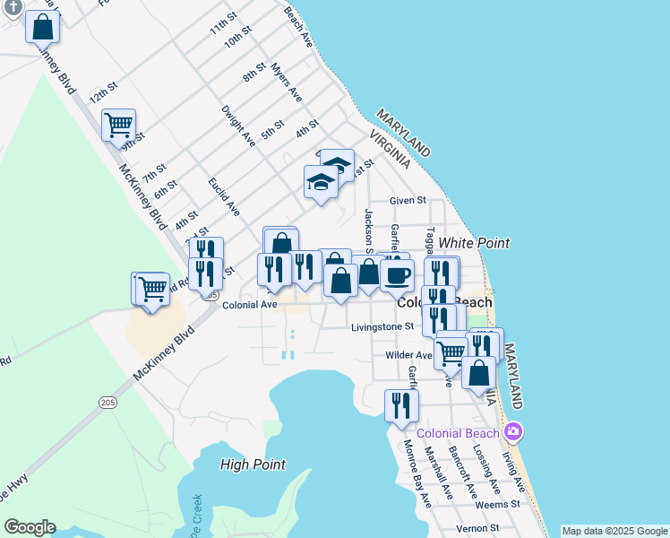 map of restaurants, bars, coffee shops, grocery stores, and more near 507 Franklin Street in Colonial Beach