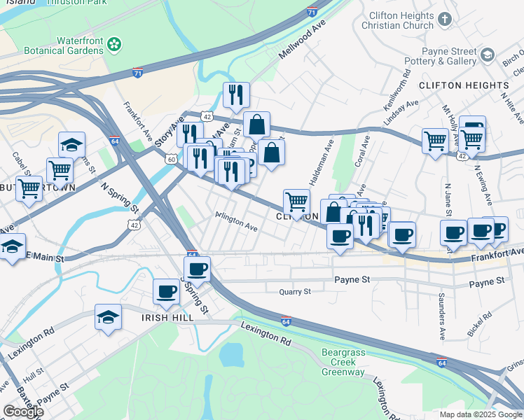 map of restaurants, bars, coffee shops, grocery stores, and more near 1848 Frankfort Avenue in Louisville