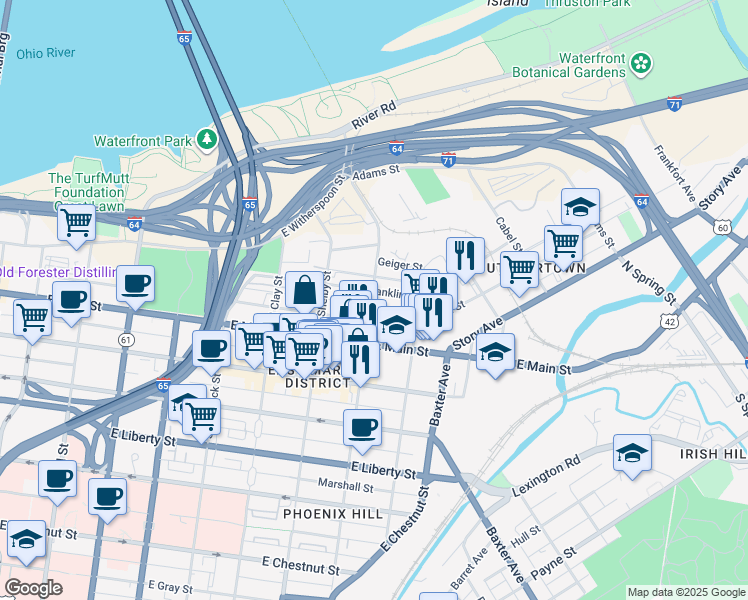 map of restaurants, bars, coffee shops, grocery stores, and more near 844 Franklin Street in Louisville