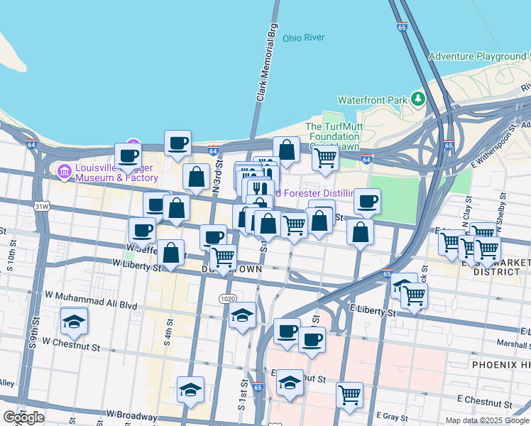 map of restaurants, bars, coffee shops, grocery stores, and more near 101 West Main Street in Louisville