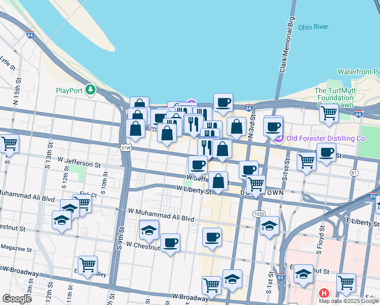 map of restaurants, bars, coffee shops, grocery stores, and more near 527 West Market Street in Louisville
