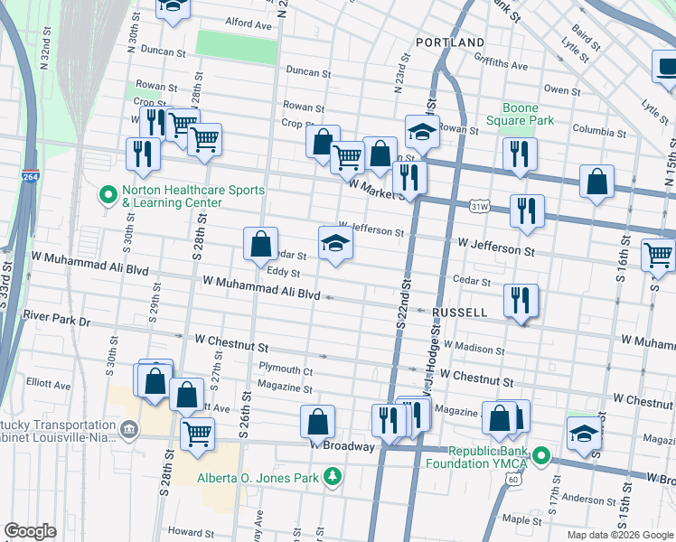 map of restaurants, bars, coffee shops, grocery stores, and more near 12 Eddy Street in Louisville