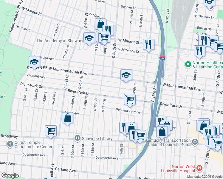 map of restaurants, bars, coffee shops, grocery stores, and more near 3632 Vermont Avenue in Louisville